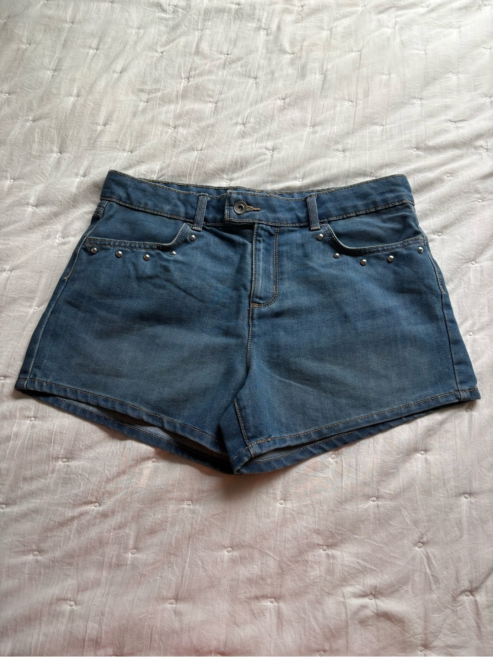 Studded Mid-Rise Blue Denim Jean Shorts